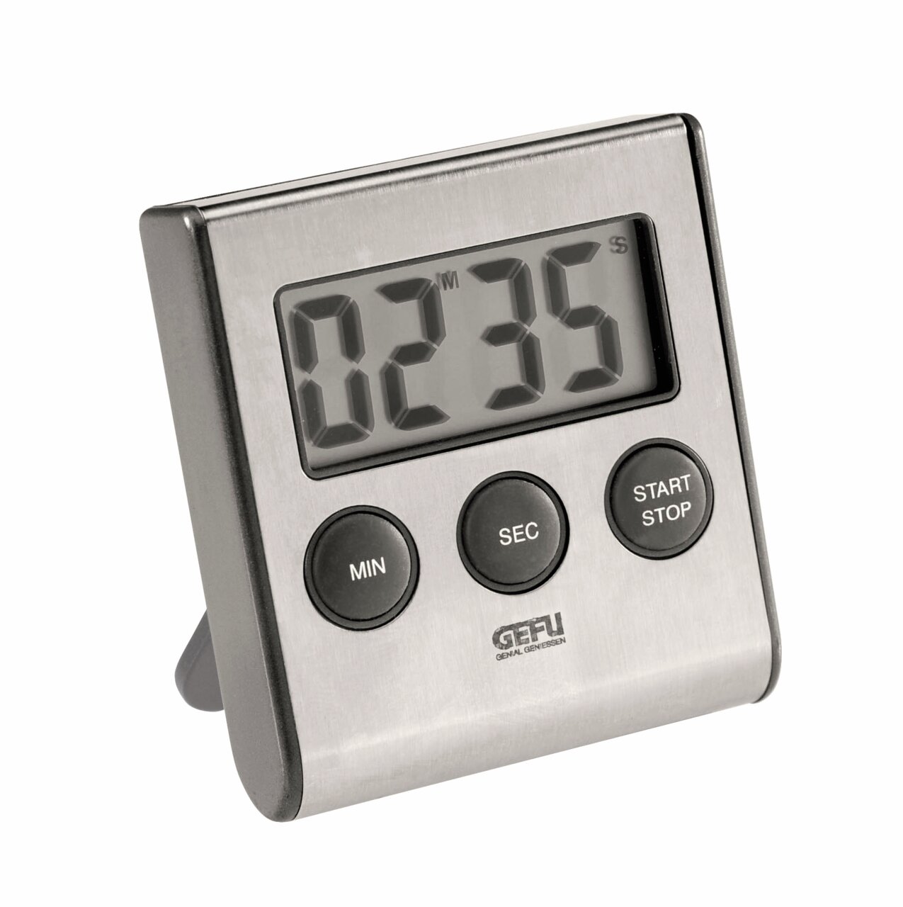 Digitaler Timer aus Edelstahl mit großem Display und drei Tasten, seitliche Perspektive
