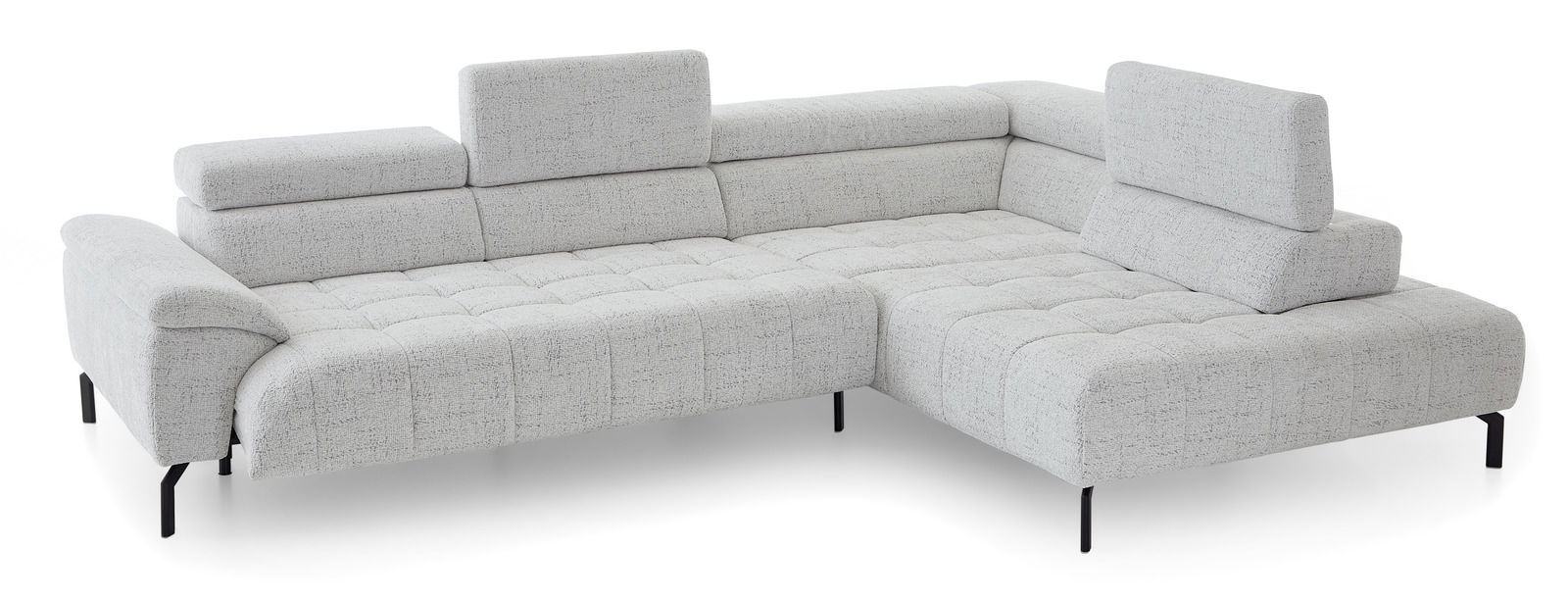 Graue Eckgarnitur mit verstellbaren Kopfstützen, moderne Perspektive von vorne links