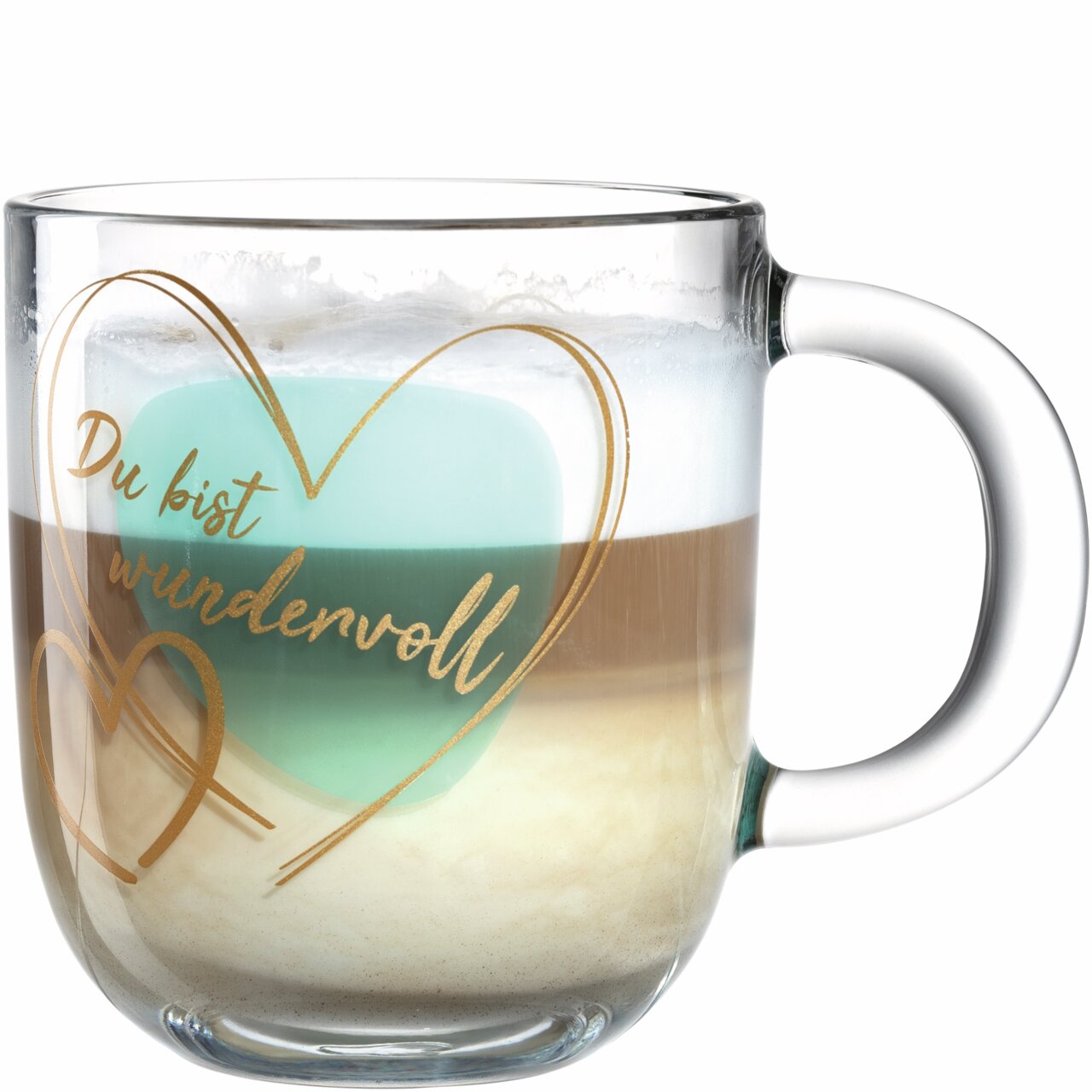 Glas-Tasse mit der Aufschrift 'Du bist wundervoll' in goldener Schrift und Herzmotiv, gefüllt mit einem mehrschichtigen Getränk, seitliche Perspektive