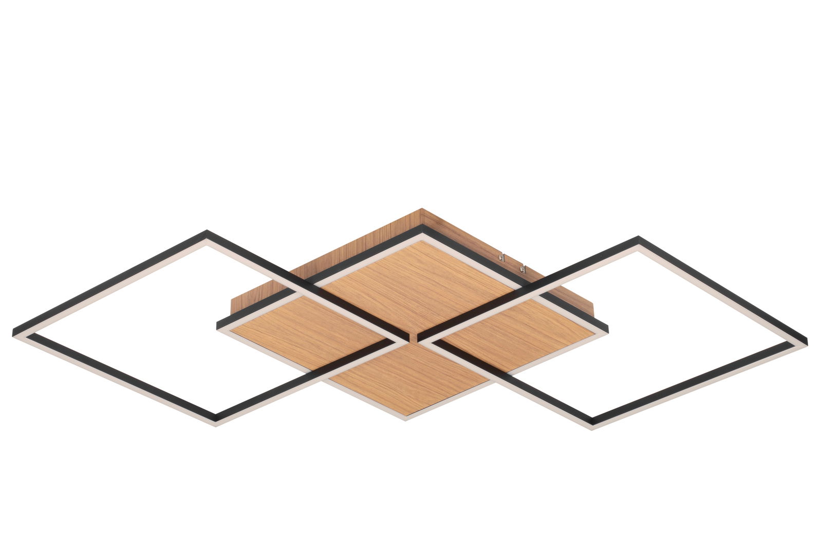 Moderne LED-Deckenleuchte mit zwei quadratischen Rahmen in Holzoptik, seitliche Perspektive