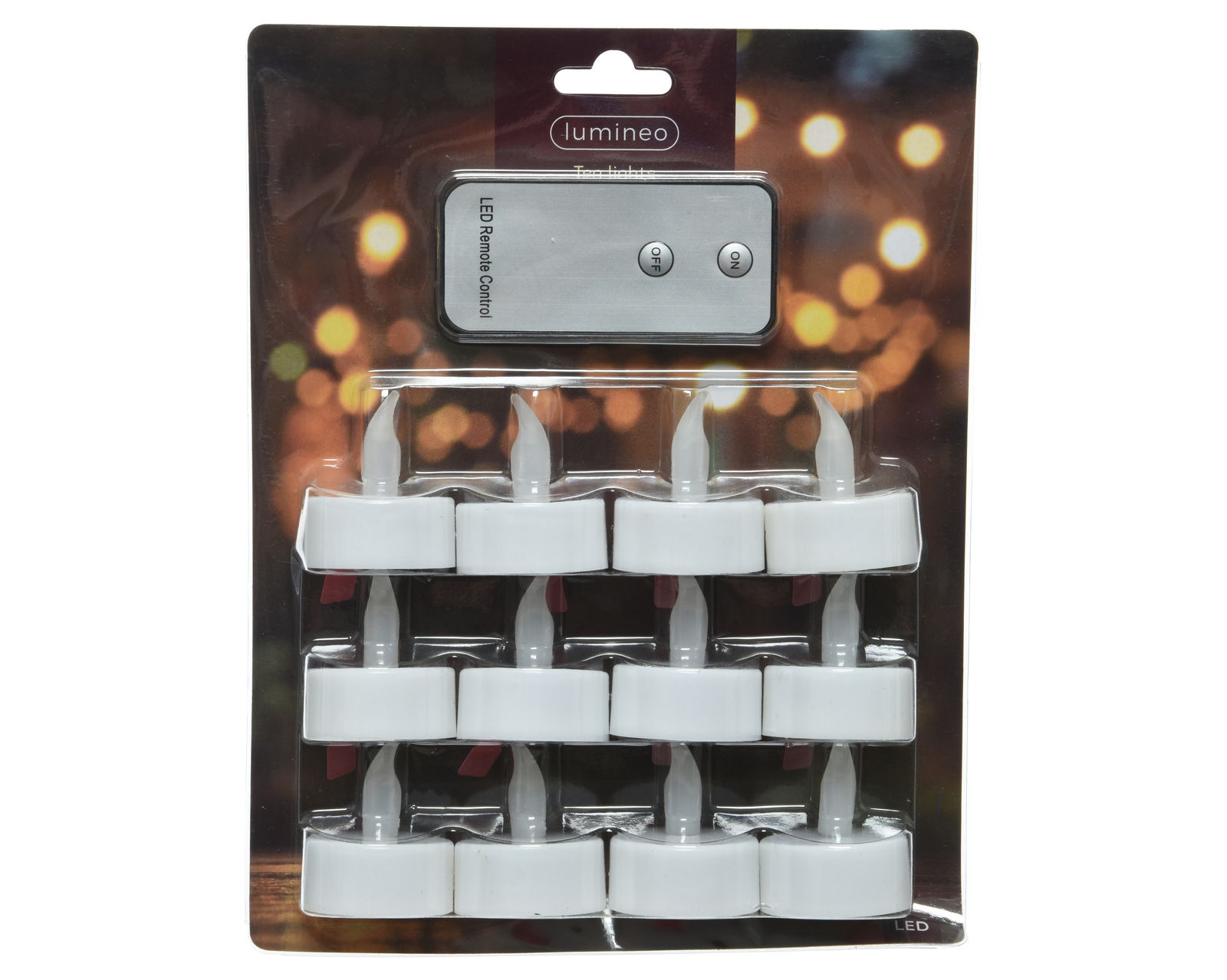 Packung mit LED-Teelichtern und Fernbedienung, frontal fotografiert