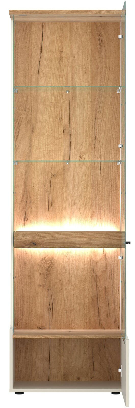 Vitrine aus Holz mit Glastüren und integrierter Beleuchtung, Frontalansicht