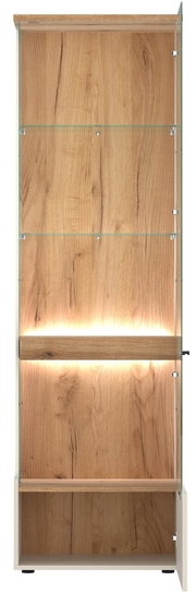 Vitrine aus Holz mit Glastüren und integrierter Beleuchtung, Frontalansicht
