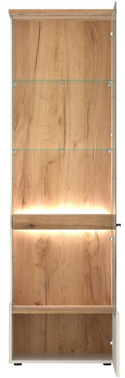 Vitrine aus Holz mit Glastüren und integrierter Beleuchtung, Frontalansicht
