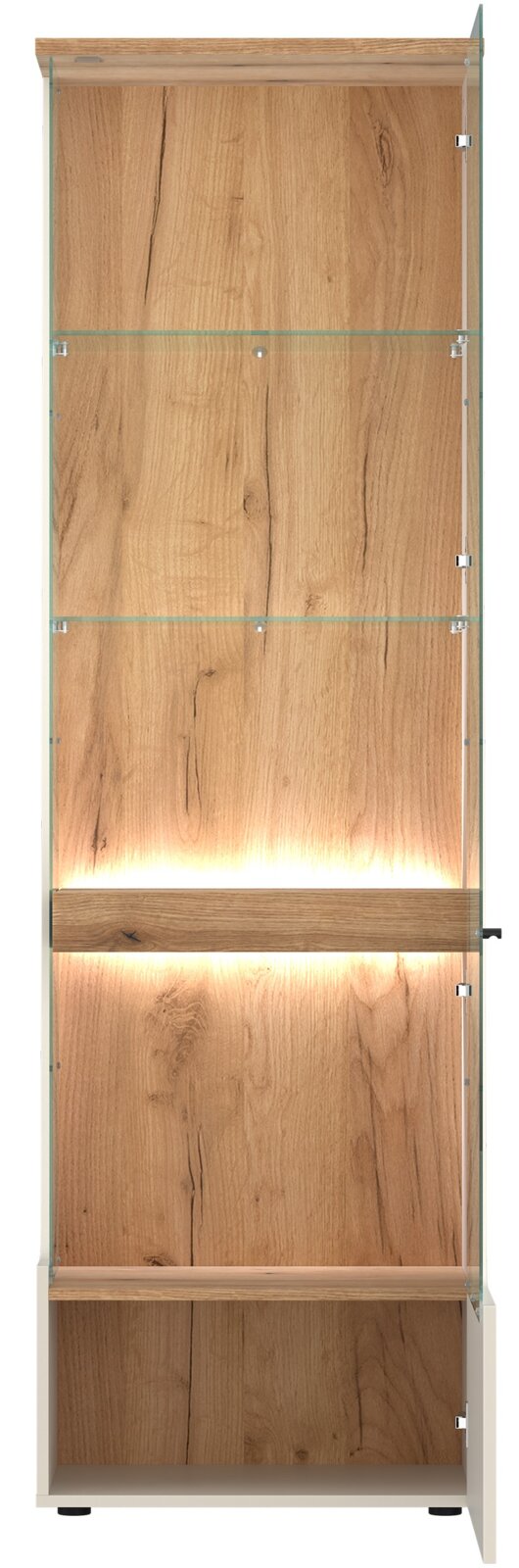 Vitrine aus Holz mit Glastüren und integrierter Beleuchtung, Frontalansicht