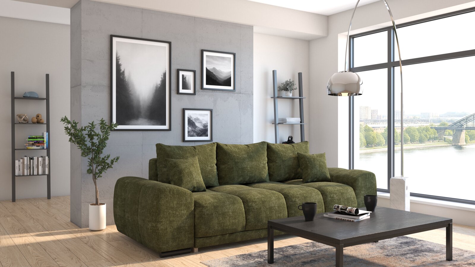 Grünes Funktionssofa in modernem Wohnzimmer mit großen Fenstern und Stadtblick, seitliche Perspektive