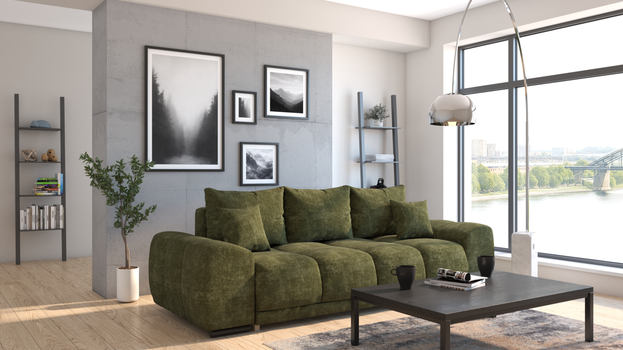 Grünes Funktionssofa in modernem Wohnzimmer mit großen Fenstern und Stadtblick, seitliche Perspektive