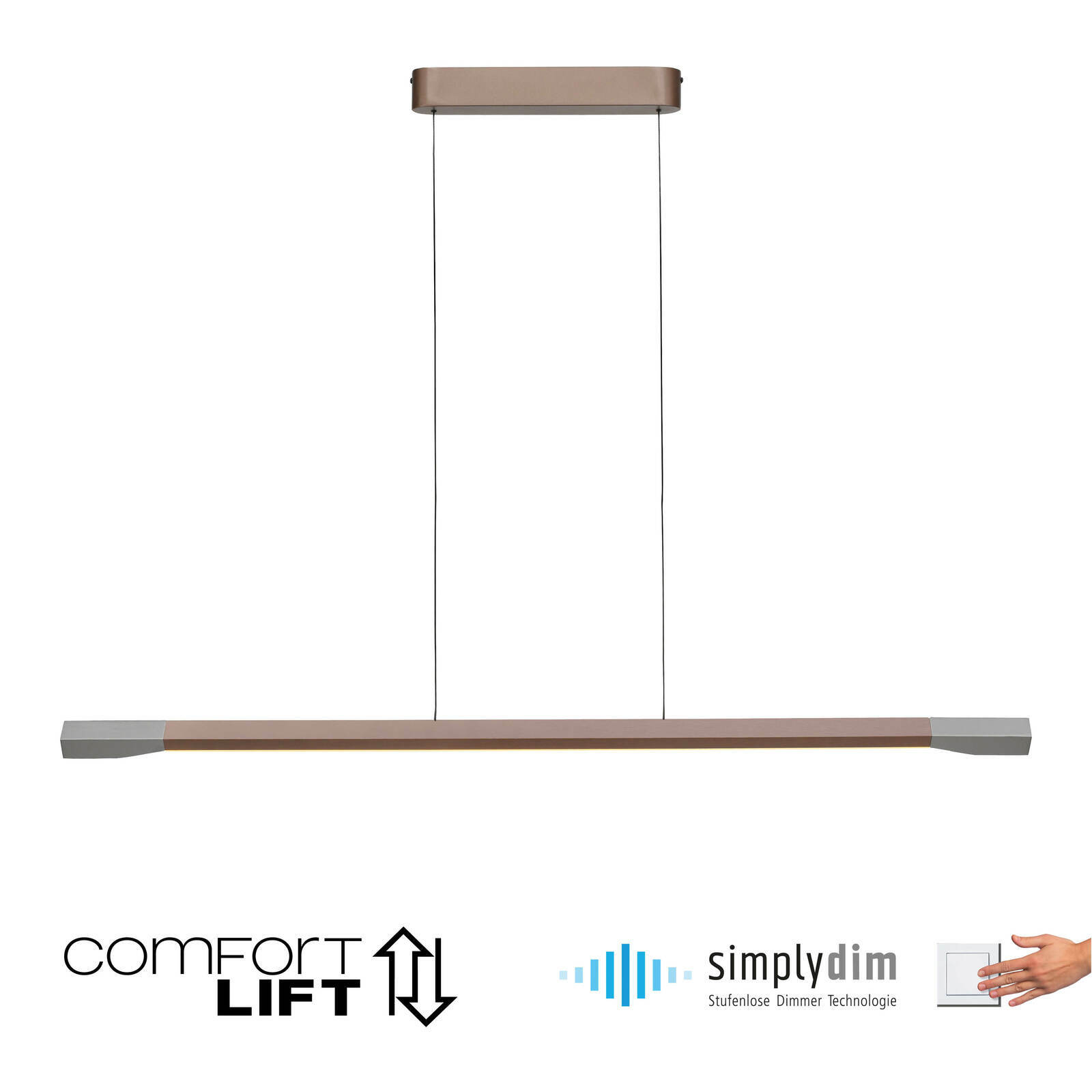 Moderne LED-Pendelleuchte mit Comfort Lift und Simply Dim Technologie, seitliche Perspektive