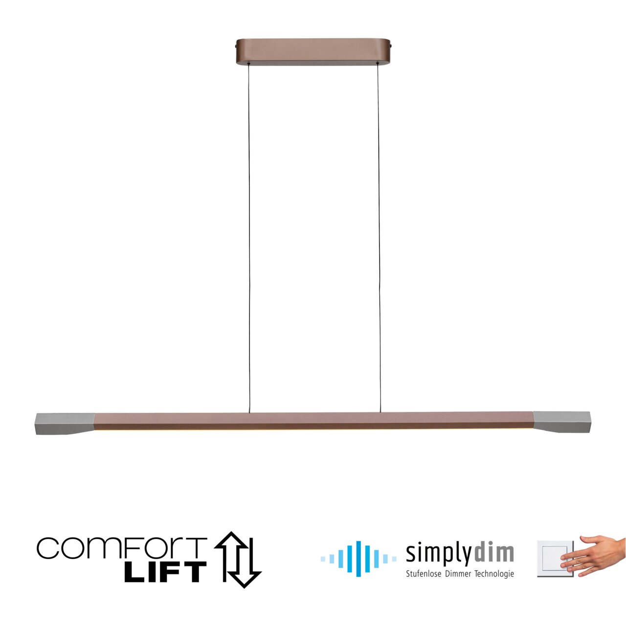 Moderne LED-Pendelleuchte mit Comfort Lift und Simply Dim Technologie, seitliche Perspektive