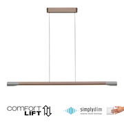 Moderne LED-Pendelleuchte mit Comfort Lift und Simply Dim Technologie, seitliche Perspektive