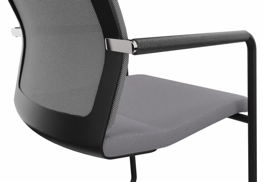 Rückansicht eines modernen Freischwinger-Stuhls mit schwarzem Rahmen und grauem Netzstoff.