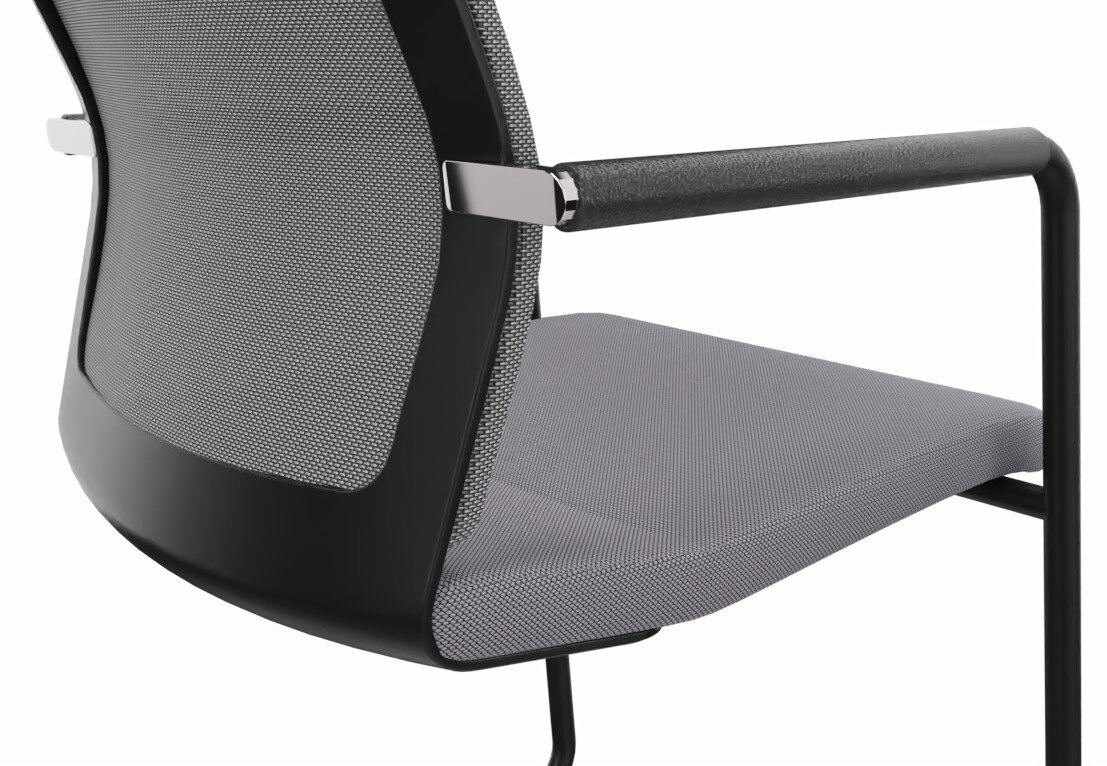 Dauphin Freischwinger STILO Rückansicht eines modernen Freischwinger-Stuhls mit schwarzem Rahmen und grauem Netzstoff.
