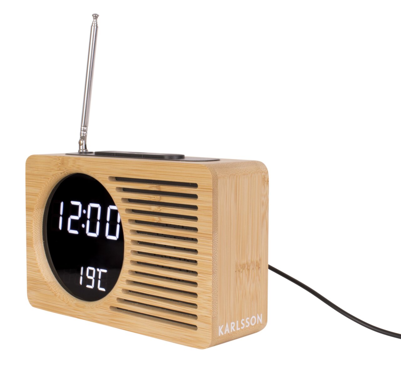 Radiowecker aus Holz mit digitaler Anzeige und Antenne, seitliche Perspektive