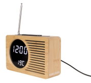 Radiowecker aus Holz mit digitaler Anzeige und Antenne, seitliche Perspektive