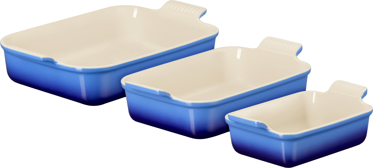 Dreiteiliges Auflaufform-Set in Azure-Blau, seitliche Perspektive