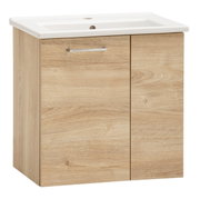 Wastafelset in houtlook met witte wastafel, vooraanzicht
