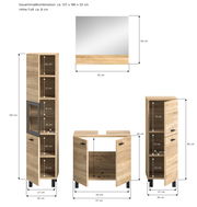 Badkombination BOSTON in Holzoptik, bestehend aus einem großen Hochschrank, einem Waschbeckenunterschrank und einem Spiegel, aus der Frontansicht.