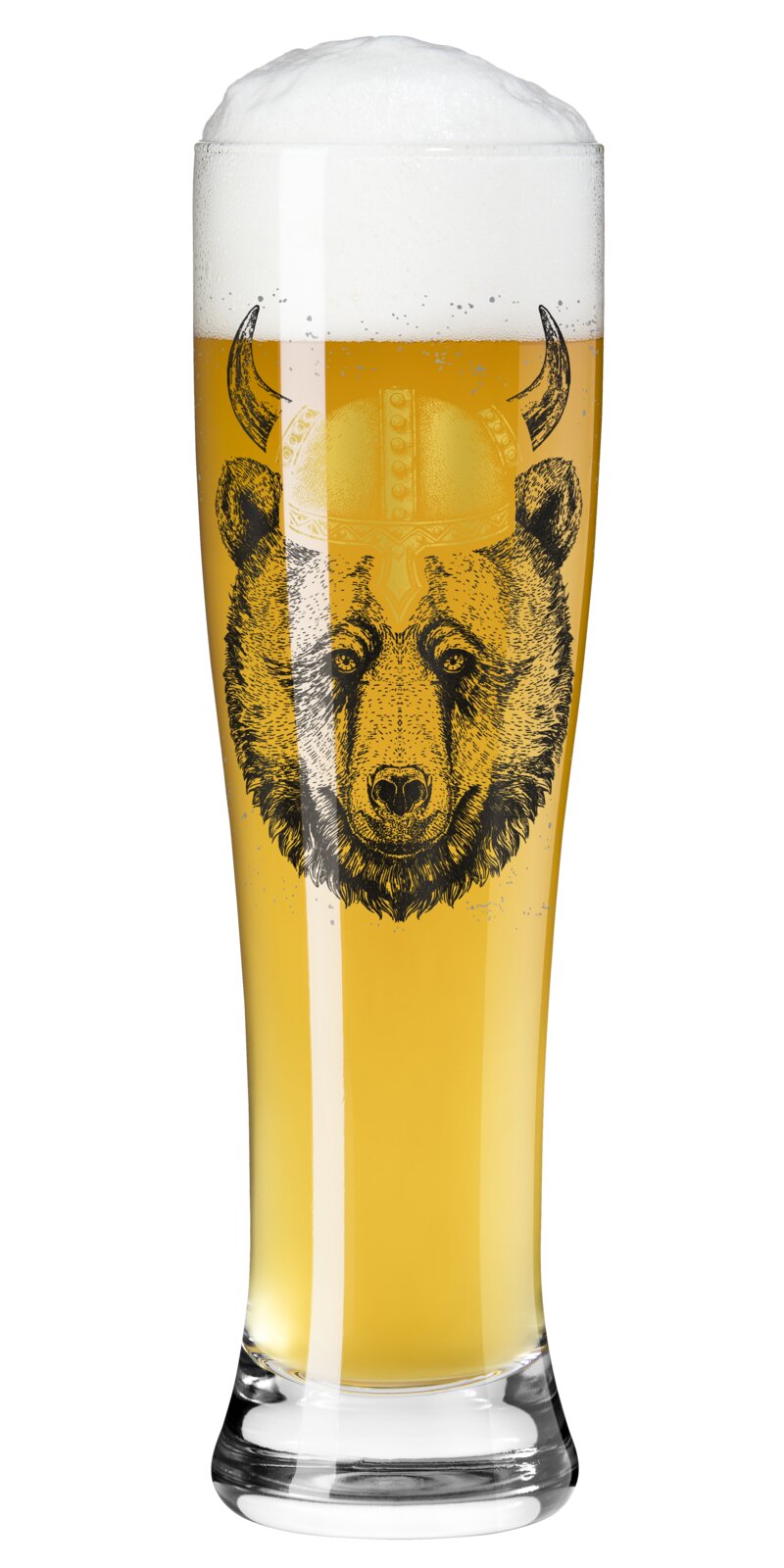 Ritzenhoff Weizenglas 2er-Set BRAUCHZEIT Frontalansicht eines hohen Weizenglas-Bierglases mit goldenem Bier und großer weißer Schaumkrone, bedruckt mit einem Bärenkopf im Wikingerhelm, freigestellt auf transparentem Hintergrund