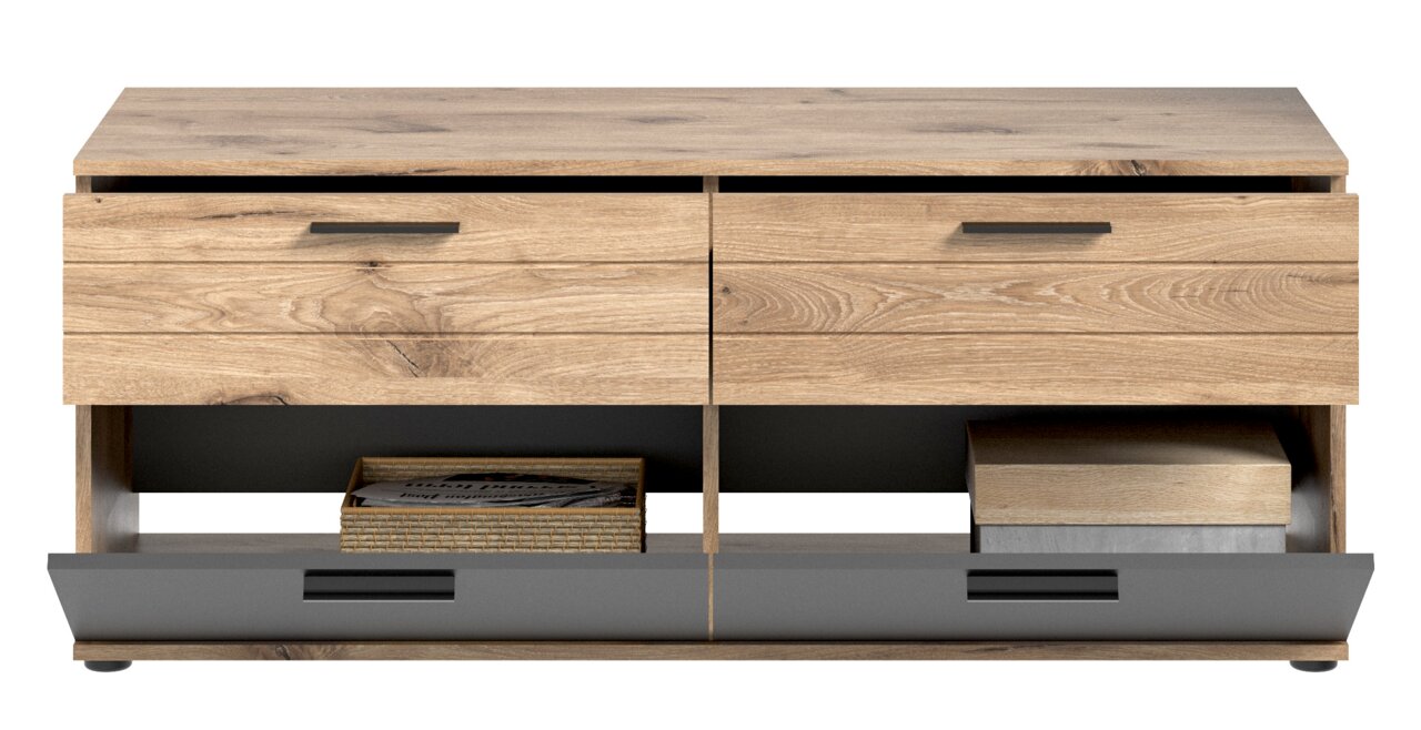 Frontansicht eines modernen Lowboards mit Holzoptik und offenen Fächern.