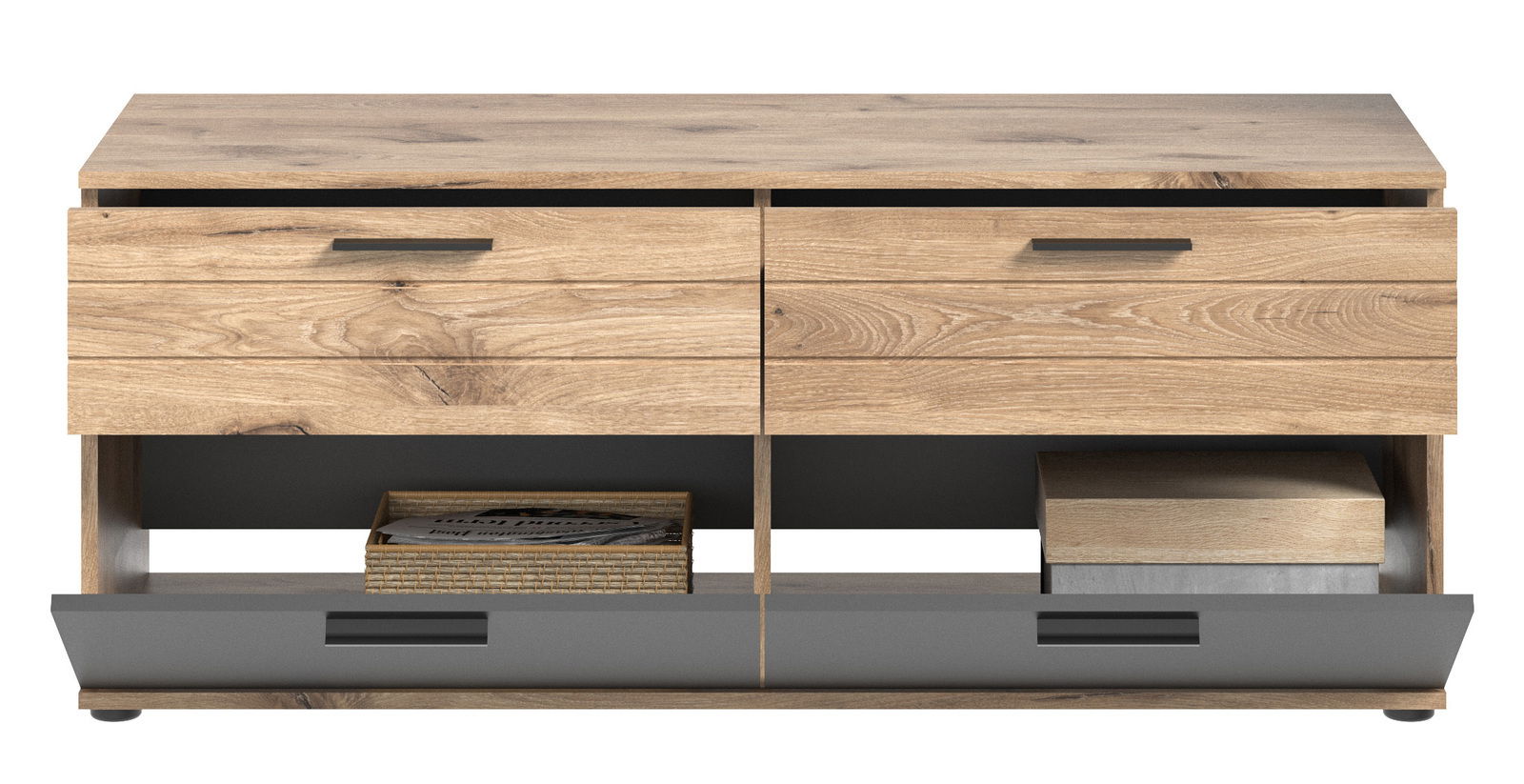 Frontansicht eines modernen Lowboards mit Holzoptik und offenen Fächern.