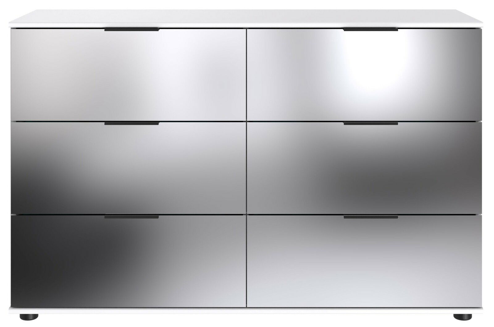 Moderne Kommode mit sechs Schubladen in glänzendem Metall-Look, Frontalansicht