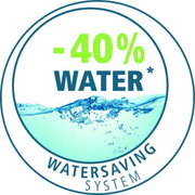 Logo van het Water Saving System met het opschrift '-40% Water', waarop een wateroppervlak te zien is. Vooraanzicht.
