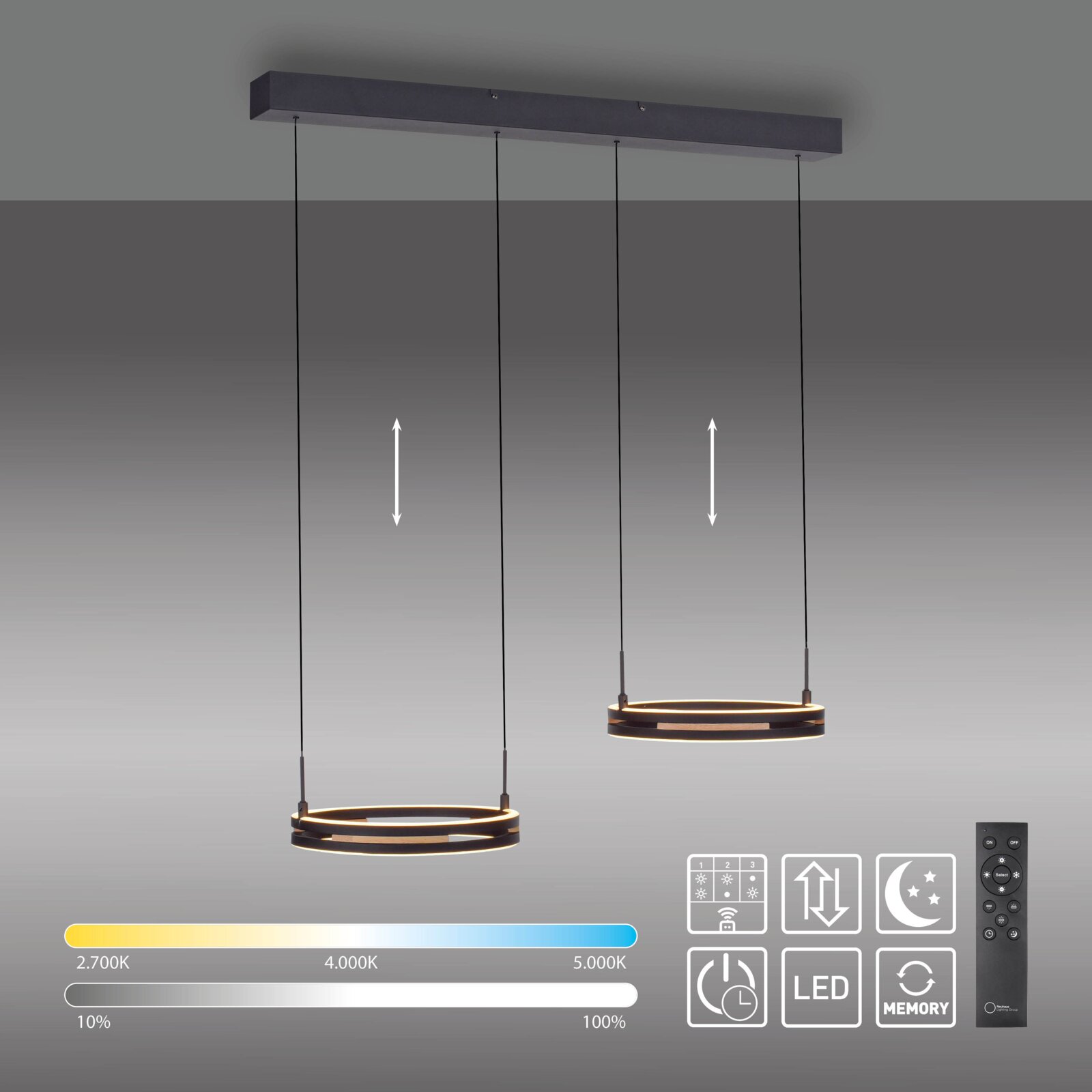 Schuin vooraanzicht van een moderne dubbele zwarte LED-ringpendellamp met verstelbare ophanghoogte, dimbaar licht, instelbare kleurtemperatuur en afstandsbediening.