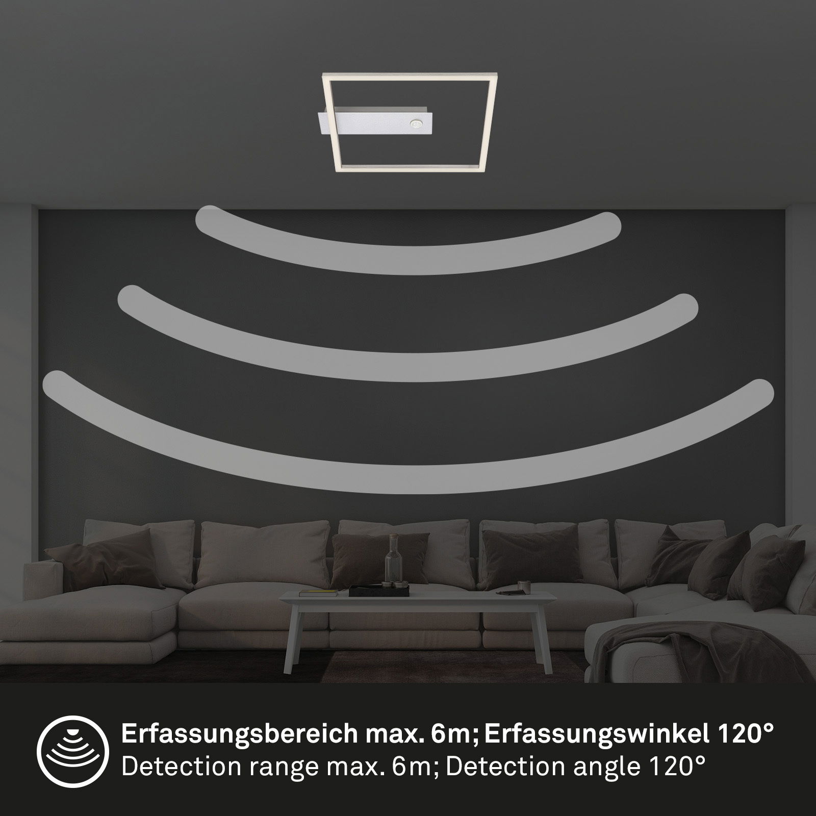 Moderne LED-Deckenleuchte mit Sensor, quadratisches Design, an der Decke eines Wohnzimmers montiert, Perspektive von unten.