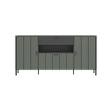 Frontansicht eines modernen, grauen Sideboards mit mehreren Türen und offenen Fächern.