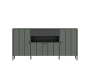 Frontansicht eines modernen, grauen Sideboards mit mehreren Türen und offenen Fächern.