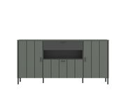 Frontansicht eines modernen, grauen Sideboards mit mehreren Türen und offenen Fächern.