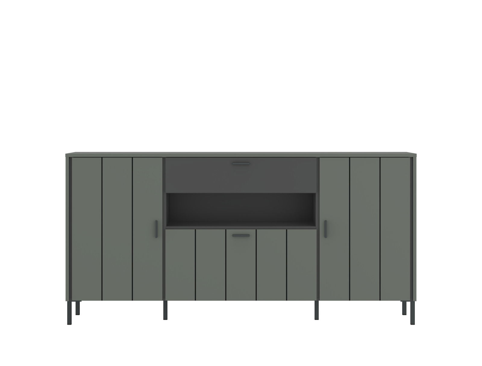 Frontansicht eines modernen, grauen Sideboards mit mehreren Türen und offenen Fächern.