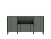 Frontansicht eines modernen, grauen Sideboards mit mehreren Türen und offenen Fächern.
