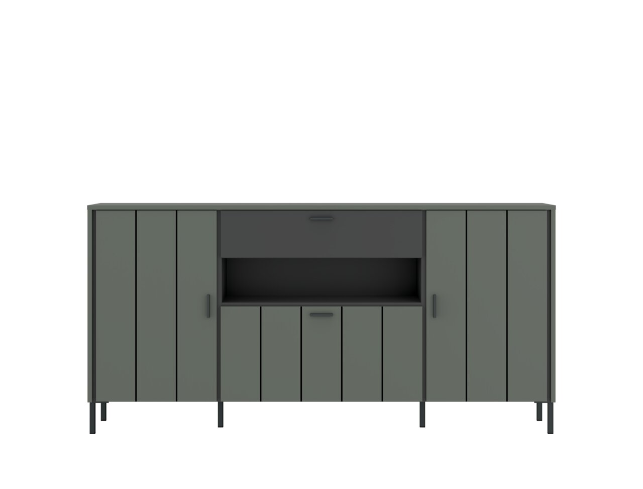Frontansicht eines modernen, grauen Sideboards mit mehreren Türen und offenen Fächern.