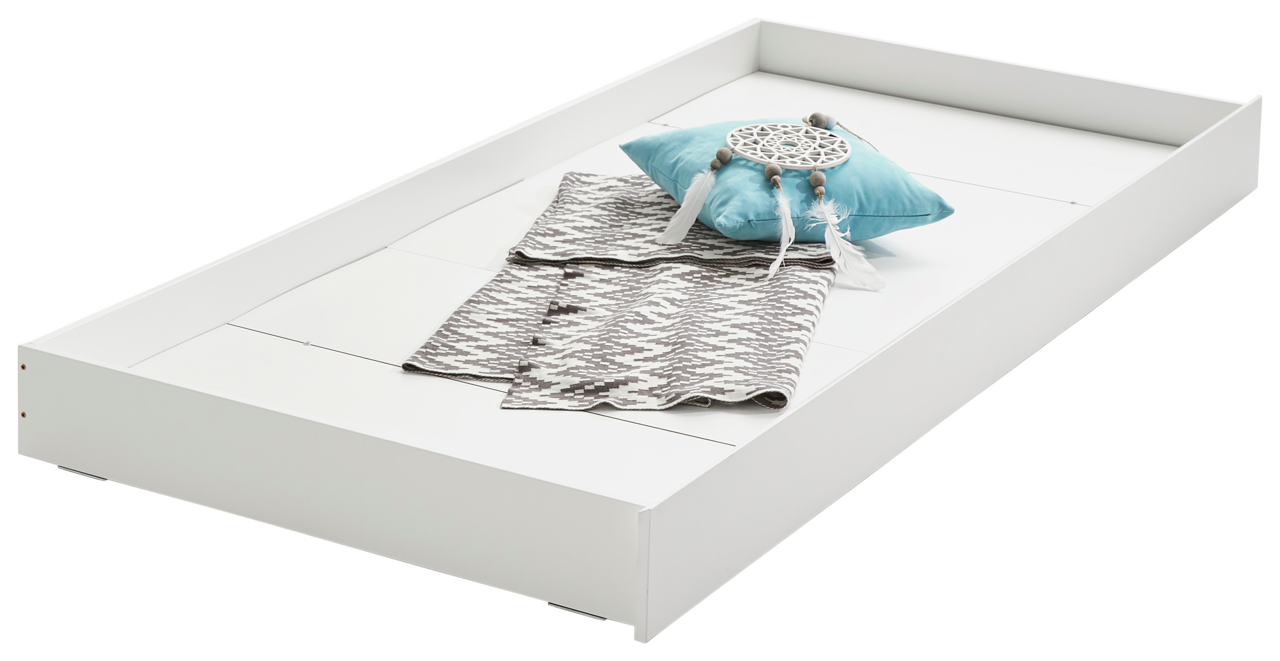 Weiße Schublade oder Gästebett mit blauer Kissen und grauer Decke, seitliche Perspektive