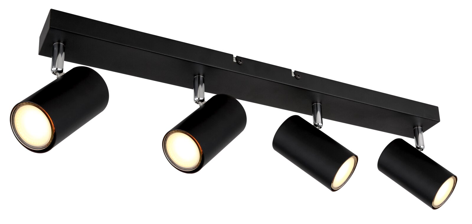 Zwarte plafondspot met vier verstelbare lampen, zijaanzicht