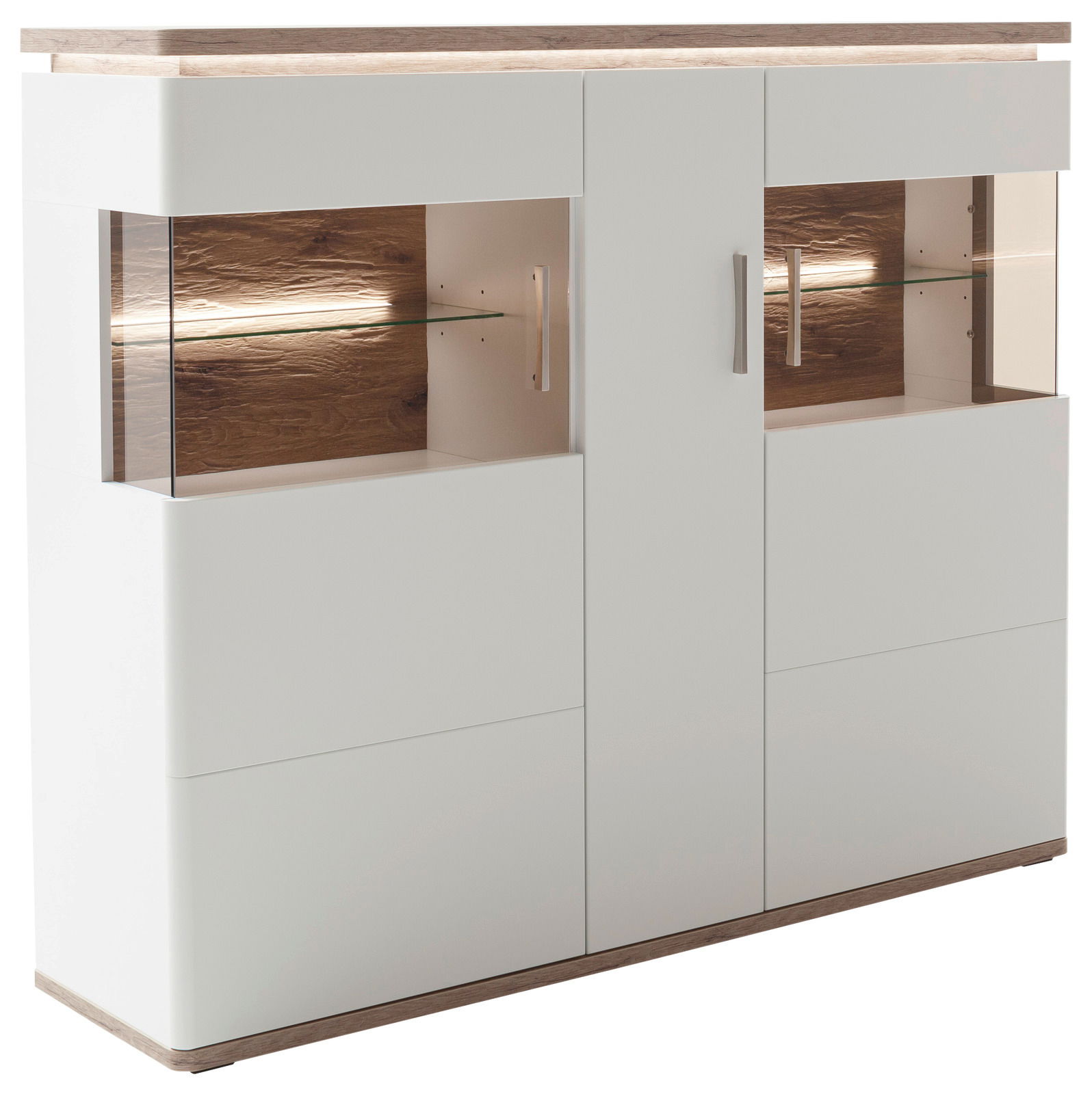 Modernes Highboard mit weißem Finish, Holzdetails und Glasregalen, seitliche Perspektive