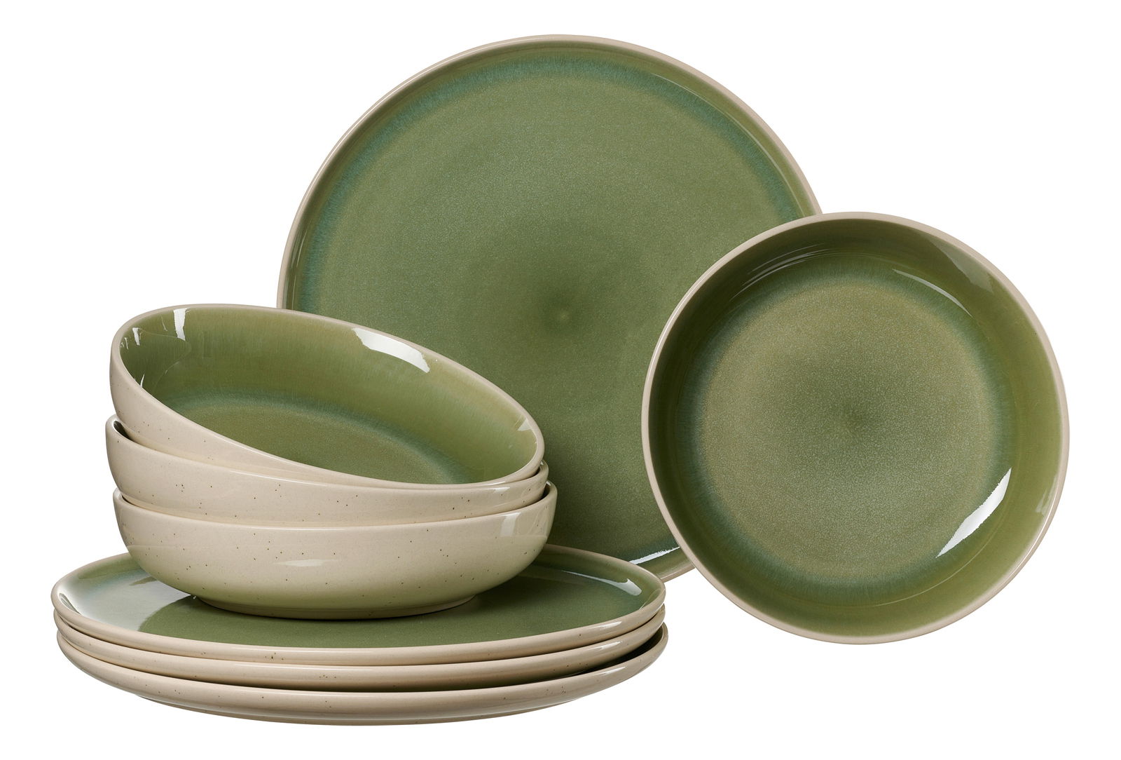 Ritzenhoff & Breker Tafelset 8-tlg. SKOG Tafelset 8-tlg in hellgrün, bestehend aus Tellern und Schalen, aus seitlicher Perspektive fotografiert.