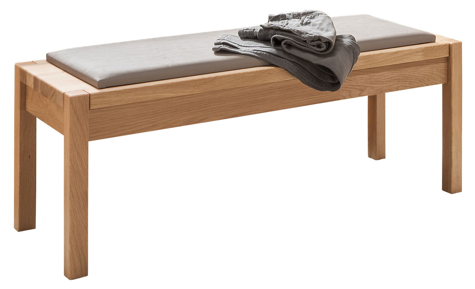 Venda Ankleidebank ARONA Holzbank mit gepolsterter Sitzfläche und gefalteter Kleidung, seitliche Perspektive