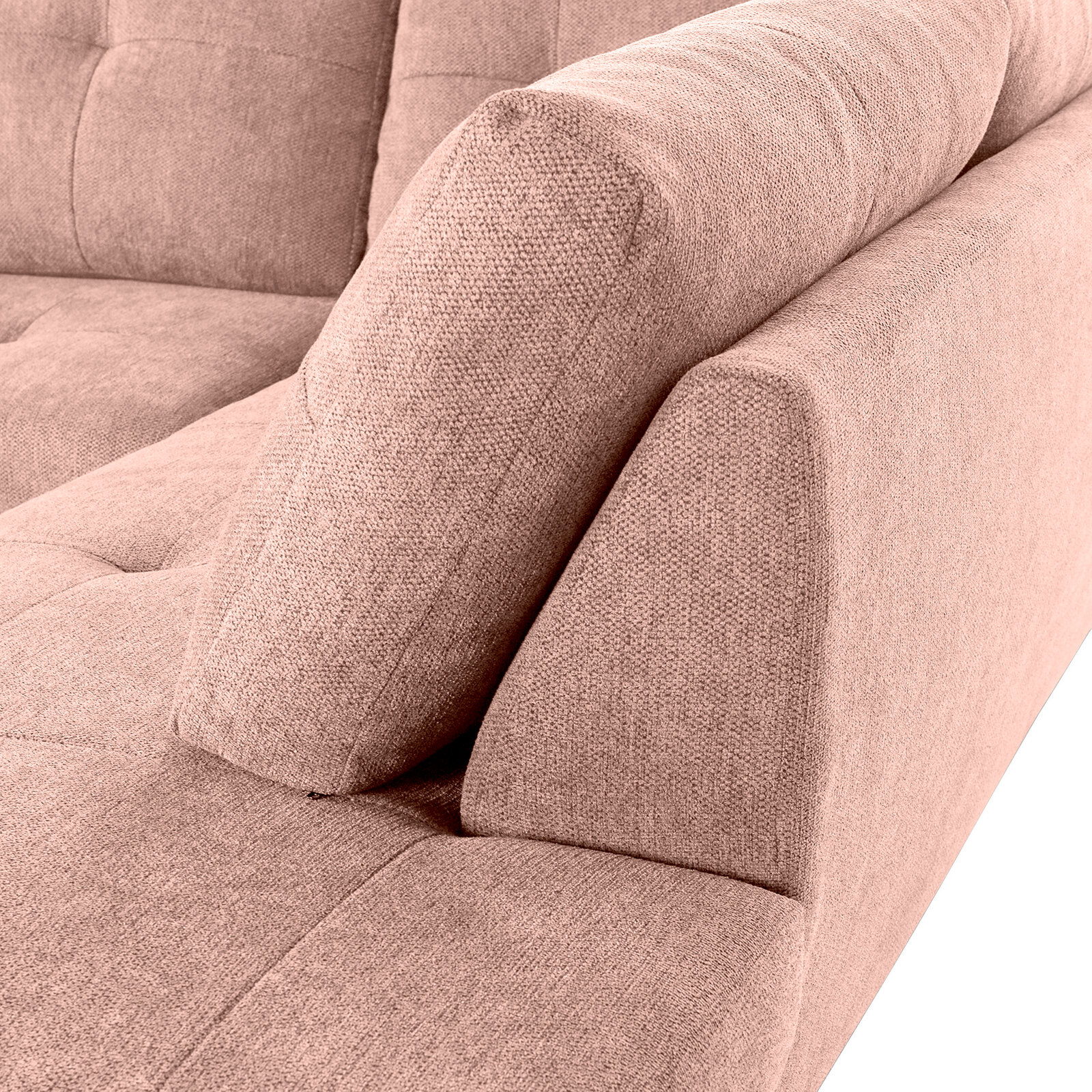 Nahaufnahme einer rosa gepolsterten Sofaecke mit sichtbarer Rückenlehne und Armlehne von der Seite.