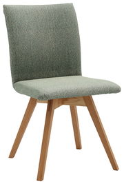 Moderner Stuhl mit grünem Stoffbezug und Holzbeinen, seitliche Perspektive