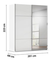Witte kledingkast met twee spiegelende schuifdeuren, 201 × 68 × 223 cm, schuin van voren gezien.