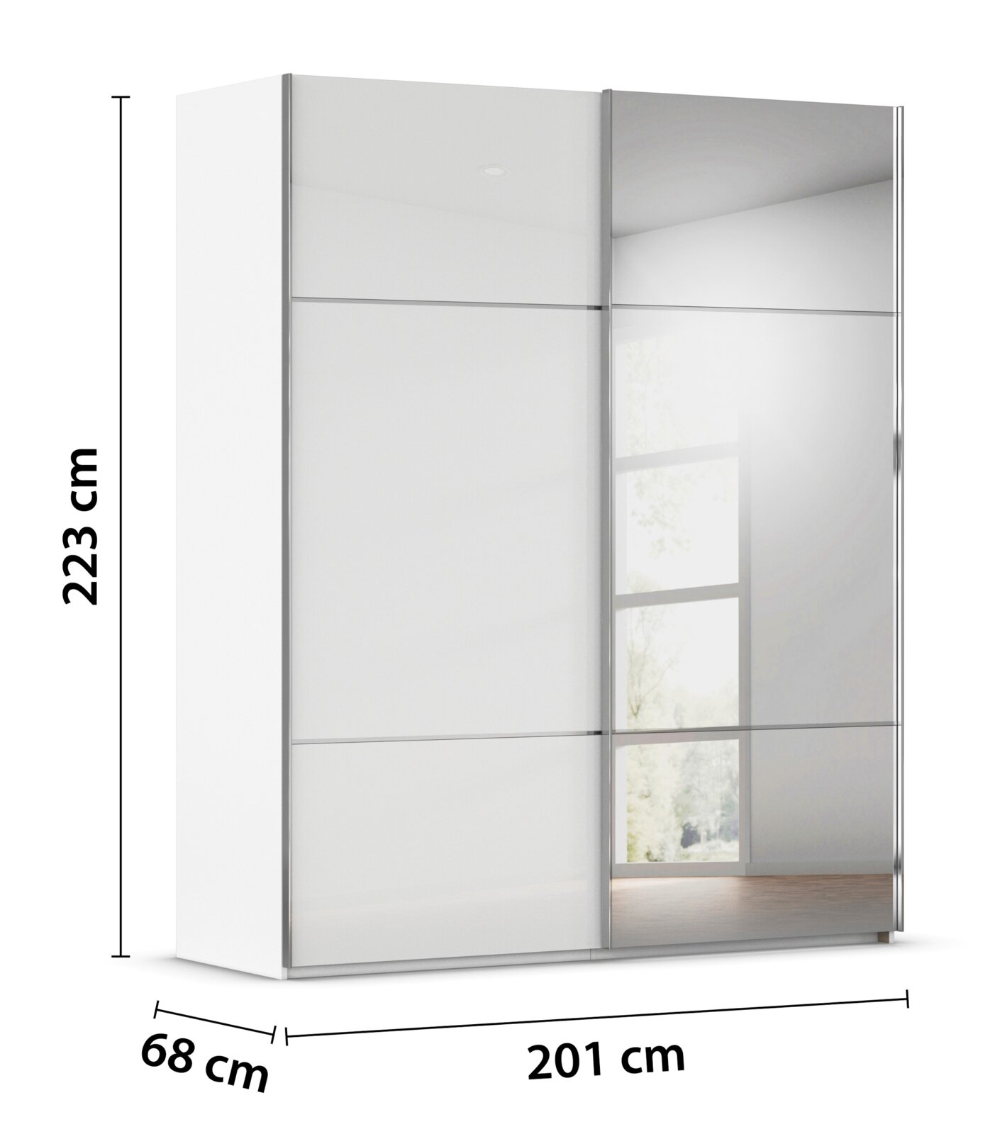 Witte kledingkast met twee spiegelende schuifdeuren, 201 × 68 × 223 cm, schuin van voren gezien.