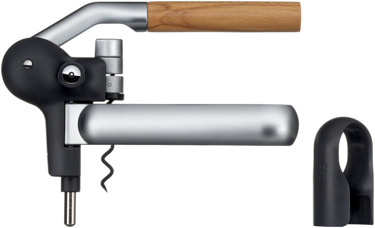 Zijaanzicht van een WMF Baric kurkentrekker met hendel, houten handvat en een modern ontwerp.
