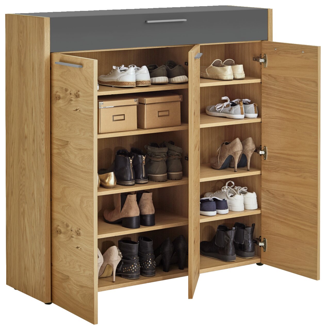 VOSS XL-schoenenkast LEVIO XL-Schuhkommode aus Holz mit offenen Türen, gefüllt mit verschiedenen Schuhen und Kartons, Frontalansicht