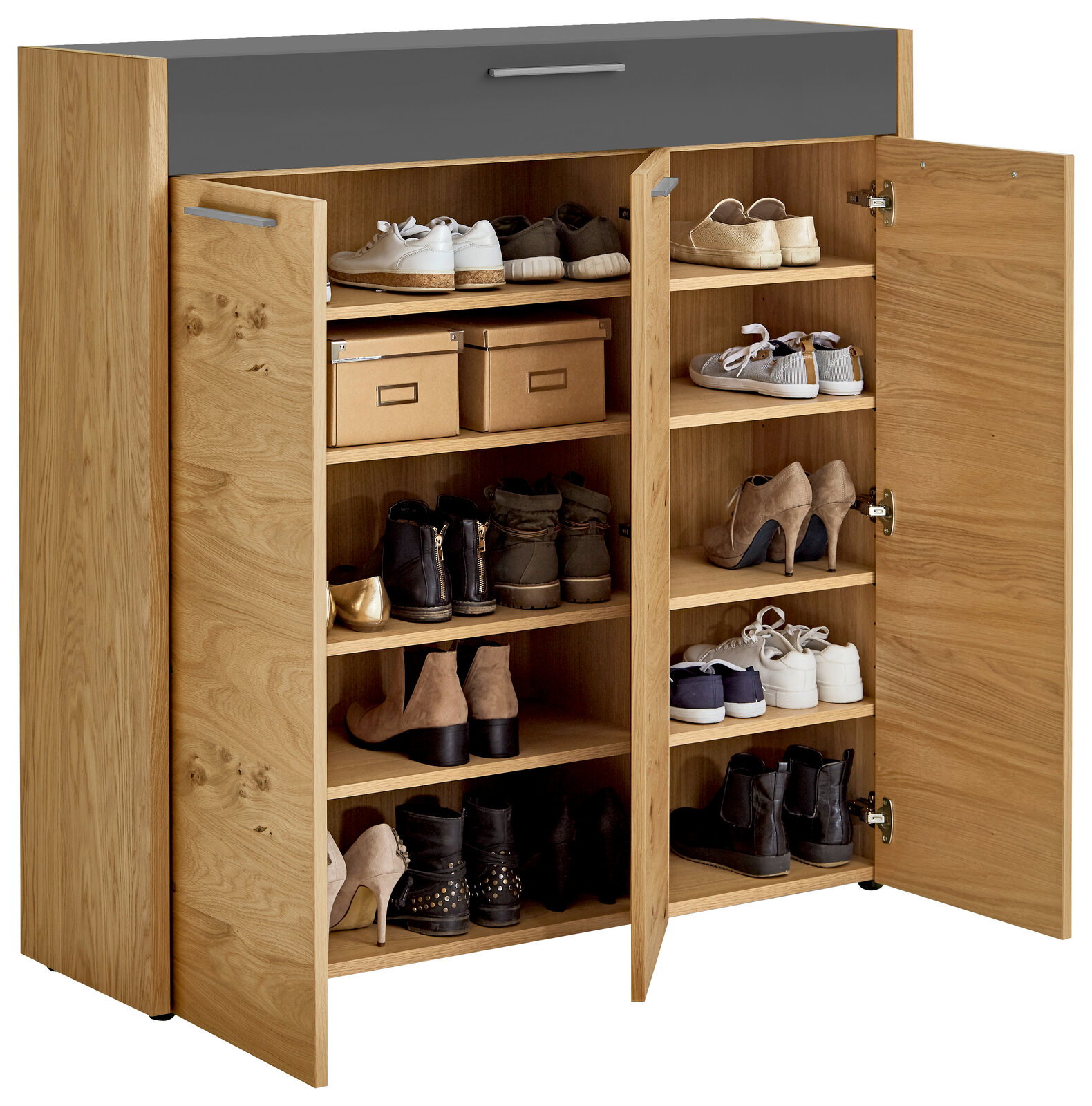 VOSS XL-Schuhkommode LEVIO XL-Schuhkommode aus Holz mit offenen Türen, gefüllt mit verschiedenen Schuhen und Kartons, Frontalansicht