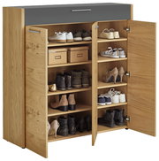 XL-Schuhkommode aus Holz mit offenen Türen, gefüllt mit verschiedenen Schuhen und Kartons, Frontalansicht