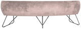 Rückansicht einer ovalen Sitzbank mit rosa Polsterung und schwarzen Metallbeinen.