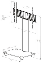 Technische Seitenansicht eines freistehenden TV-Standfußes mit Bodenplatte (600 x 440 mm), höhenverstellbarer Halterung (bis 1000 mm), 60° Drehbereich und 30 kg Tragkraft, mit Maßangaben.