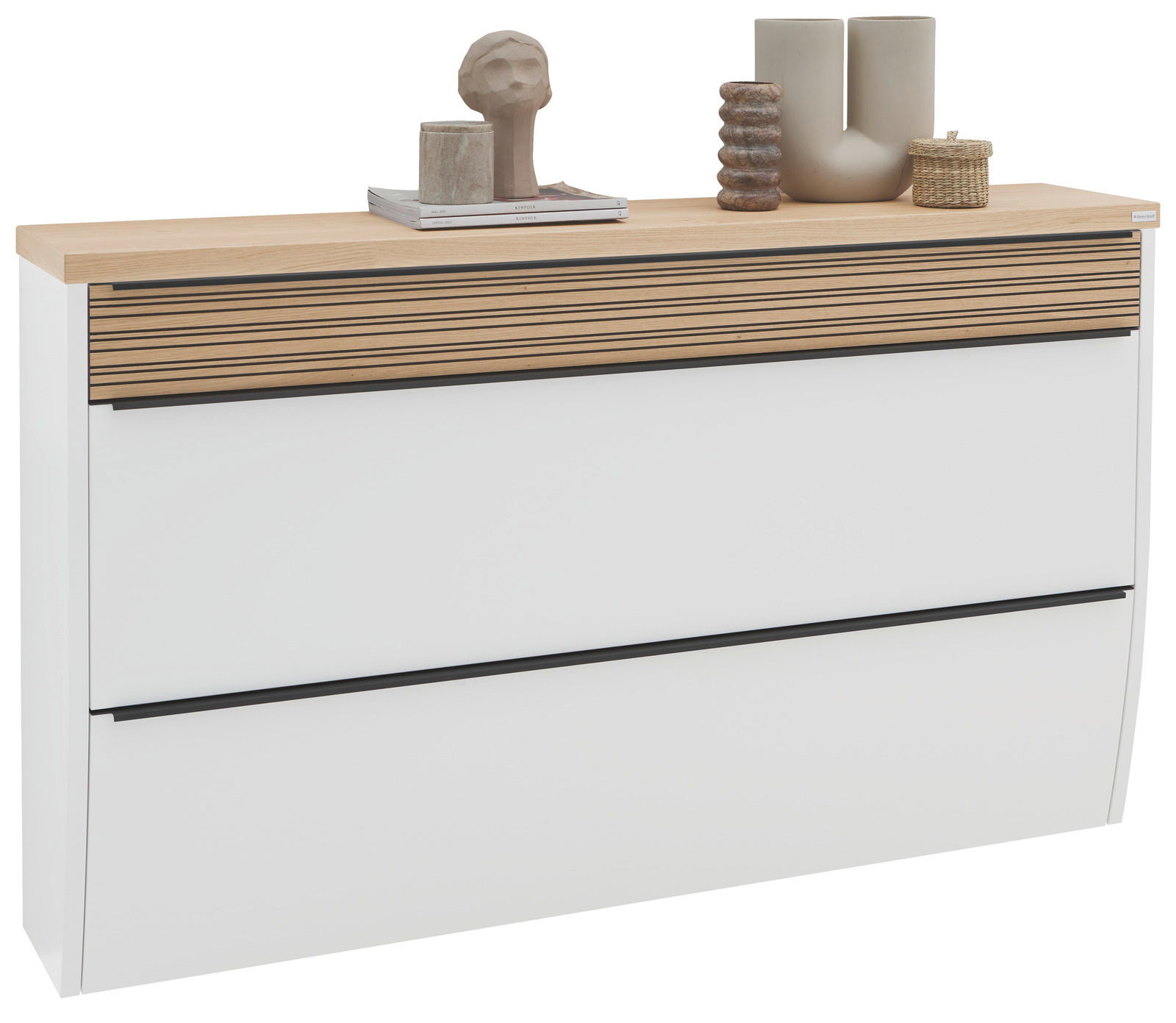 Dieter Knoll XXL-Hängeschuhschrank ARCO NOVA XXL-Hängeschuhschrank in Weiß mit Holzoberfläche, dekoriert mit modernen Vasen und Skulpturen, seitliche Perspektive